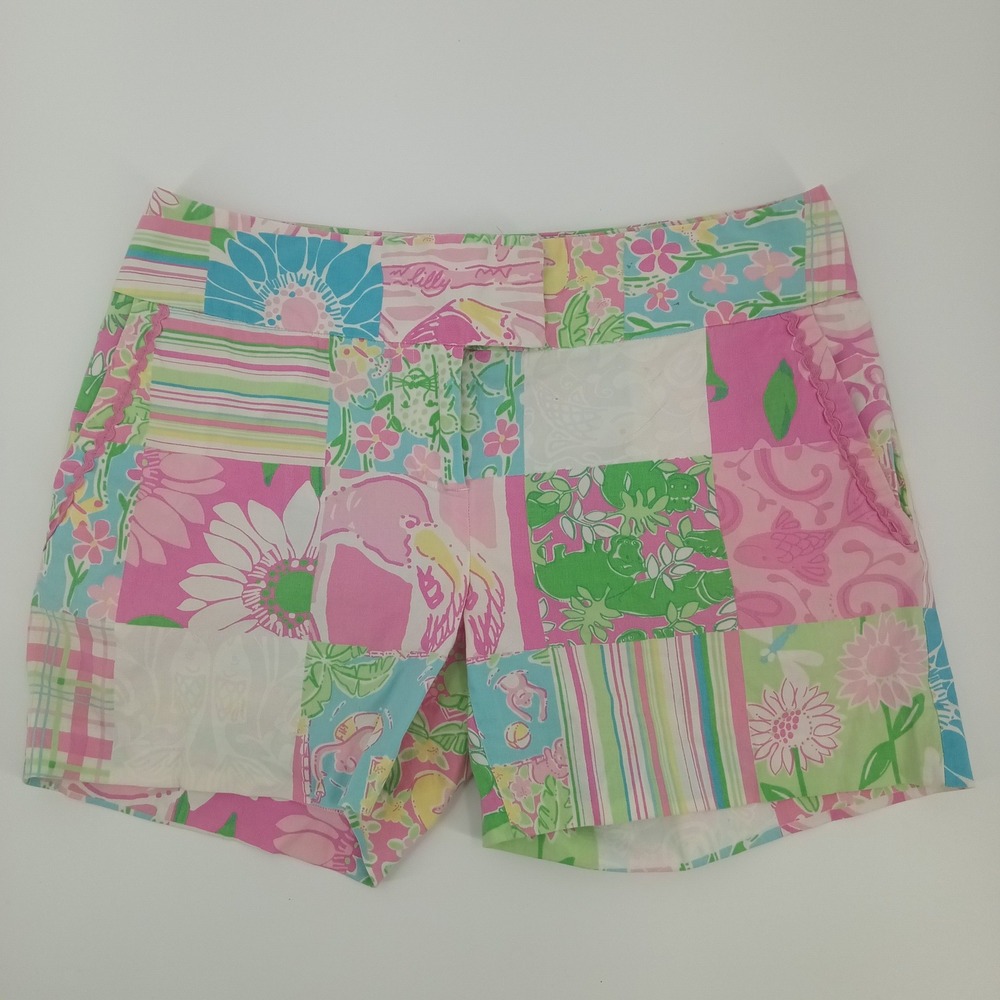 Lilly Pulitzer Callahan Patchwork Shorts Pink Green Flamingo Floral Sz 2 (30 in)